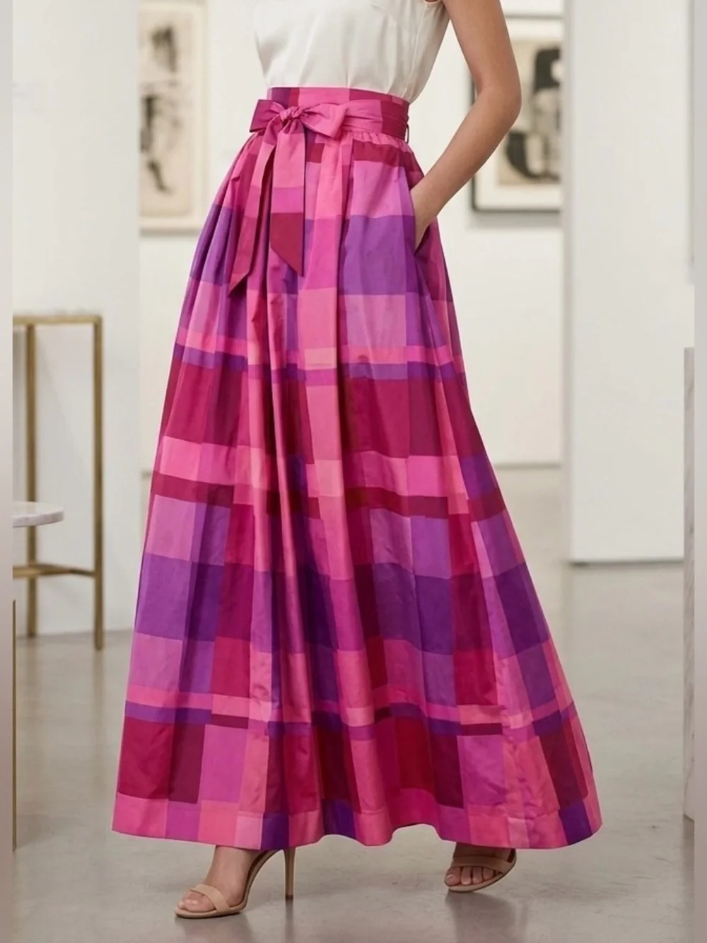 Vntg Penthouse Gallery Polished Cotton Pink Abstract Square Wrap Skirt, Size S
